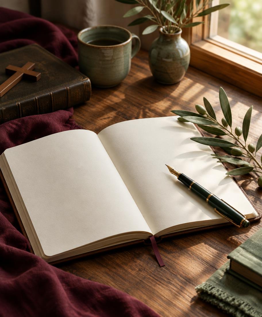 Cuaderno abierto junto a una Biblia en un espacio tranquilo de reflexión
